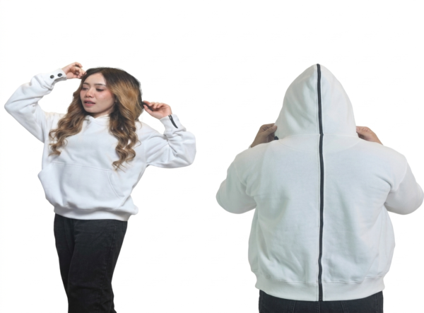 Jaket Hoodie Wanita Putih Stripe Hitam Premium