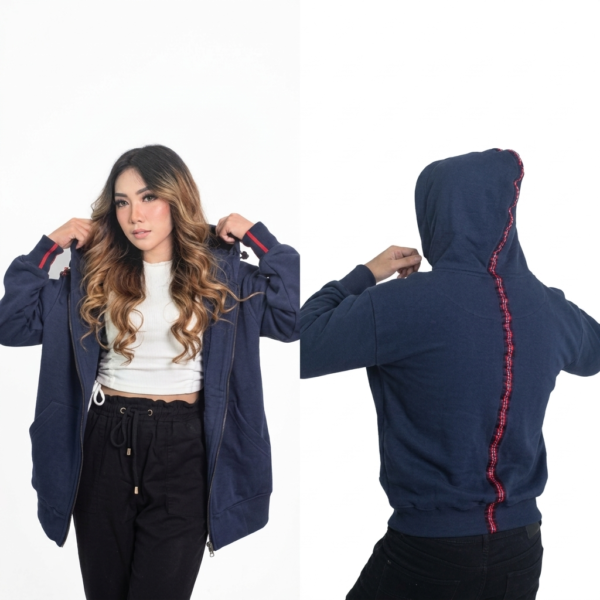 Jaket Hoodie Zipper Wanita Navy Stripe Merah Premium
