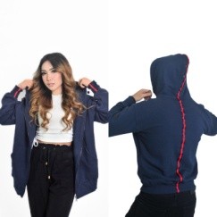 Jaket Hoodie Zipper Wanita Navy Stripe Merah Premium