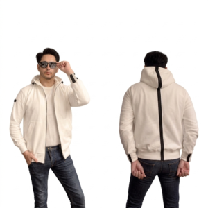 Jaket Hoodie Zipper Pria Putih Stripe Hitam Premium