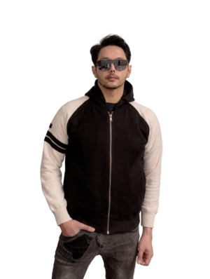 Jaket Hoodie Zipper Pria Two Tone Hitam Putih Premium