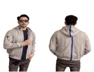 Jaket Hoodie Zipper Pria Abu Muda List Biru Premium