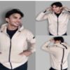 Jaket Hoodie Zipper Pria Krem Stripe Hitam Premium