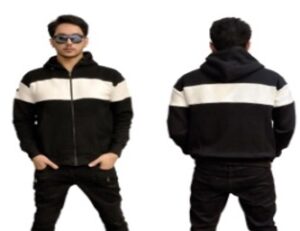 Jaket Hoodie Zipper Pria Hitam List Dada Putih Premium